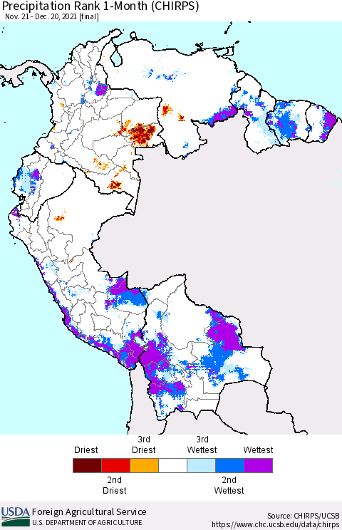 Northern South America Precipitation Rank 1-Month (CHIRPS) Thematic Map For 11/21/2021 - 12/20/2021