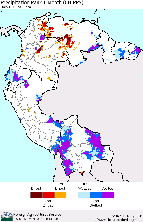 Northern South America Precipitation Rank 1-Month (CHIRPS) Thematic Map For 12/1/2021 - 12/31/2021