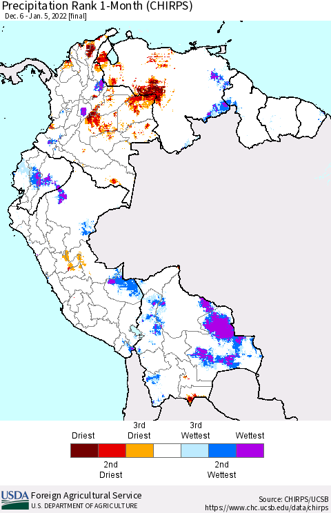 Northern South America Precipitation Rank since 1981, 1-Month (CHIRPS) Thematic Map For 12/6/2021 - 1/5/2022