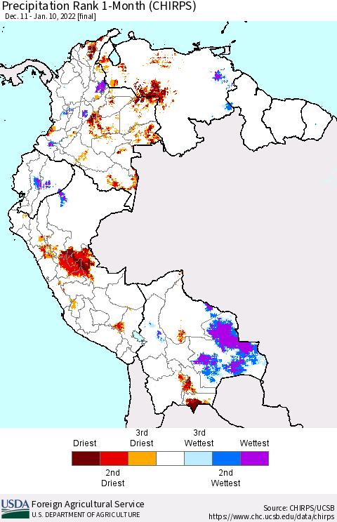 Northern South America Precipitation Rank 1-Month (CHIRPS) Thematic Map For 12/11/2021 - 1/10/2022