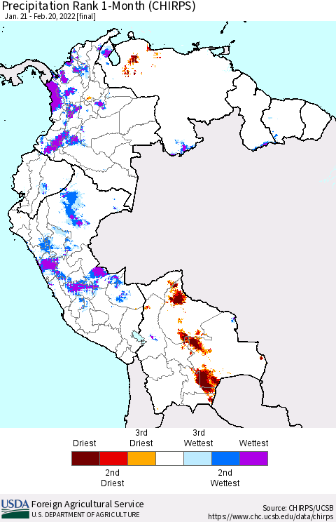 Northern South America Precipitation Rank 1-Month (CHIRPS) Thematic Map For 1/21/2022 - 2/20/2022
