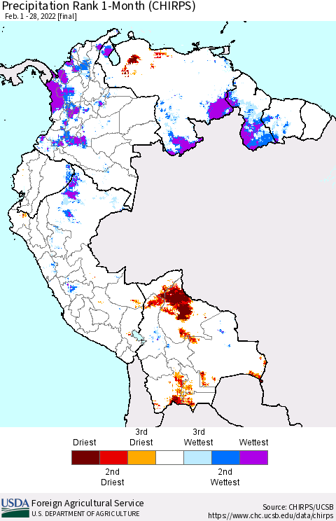 Northern South America Precipitation Rank 1-Month (CHIRPS) Thematic Map For 2/1/2022 - 2/28/2022