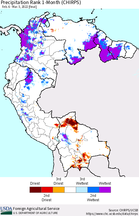 Northern South America Precipitation Rank 1-Month (CHIRPS) Thematic Map For 2/6/2022 - 3/5/2022