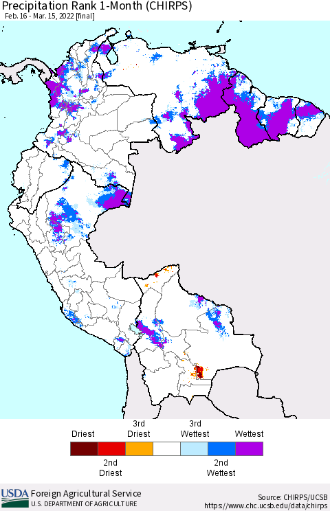 Northern South America Precipitation Rank 1-Month (CHIRPS) Thematic Map For 2/16/2022 - 3/15/2022