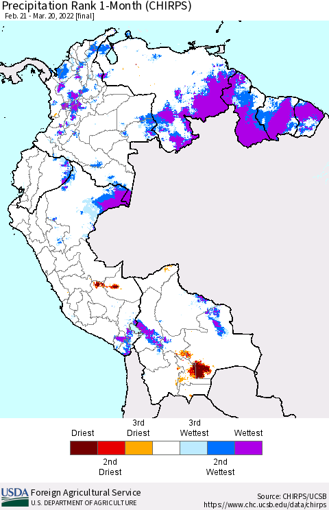 Northern South America Precipitation Rank 1-Month (CHIRPS) Thematic Map For 2/21/2022 - 3/20/2022