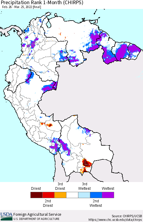Northern South America Precipitation Rank 1-Month (CHIRPS) Thematic Map For 2/26/2022 - 3/25/2022