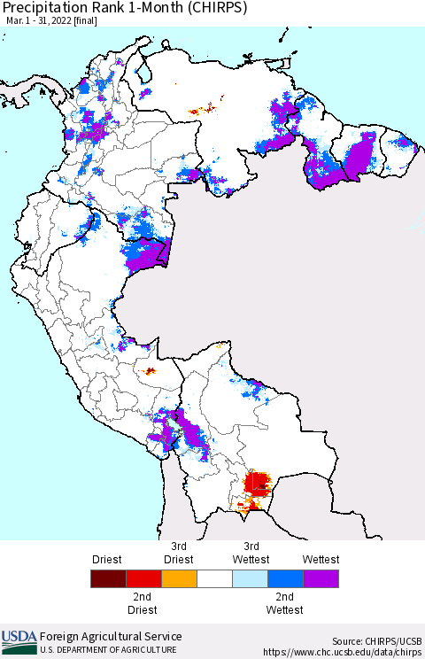 Northern South America Precipitation Rank 1-Month (CHIRPS) Thematic Map For 3/1/2022 - 3/31/2022