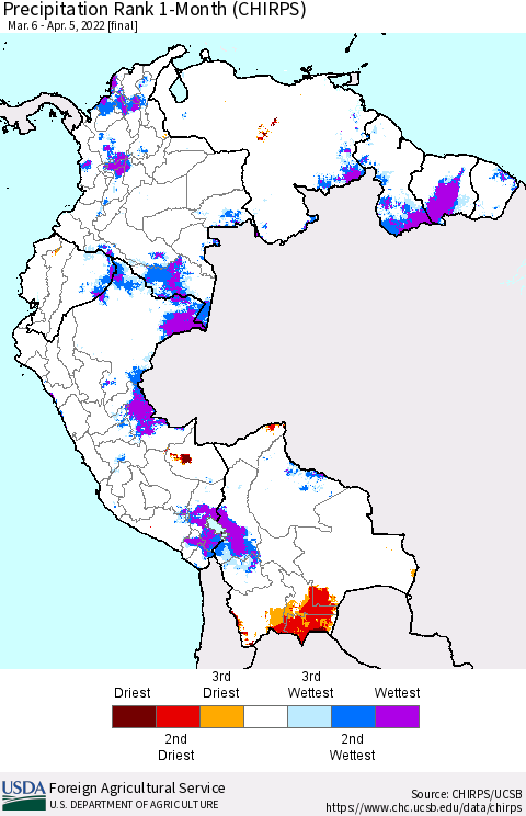 Northern South America Precipitation Rank since 1981, 1-Month (CHIRPS) Thematic Map For 3/6/2022 - 4/5/2022