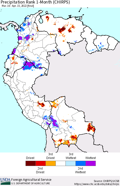 Northern South America Precipitation Rank 1-Month (CHIRPS) Thematic Map For 3/16/2022 - 4/15/2022