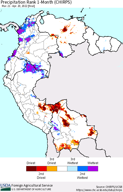 Northern South America Precipitation Rank 1-Month (CHIRPS) Thematic Map For 3/21/2022 - 4/20/2022