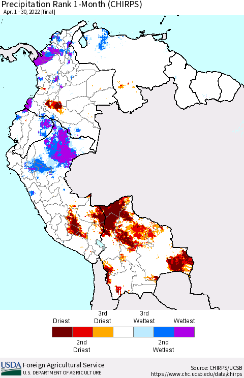 Northern South America Precipitation Rank 1-Month (CHIRPS) Thematic Map For 4/1/2022 - 4/30/2022