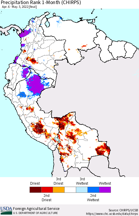 Northern South America Precipitation Rank 1-Month (CHIRPS) Thematic Map For 4/6/2022 - 5/5/2022