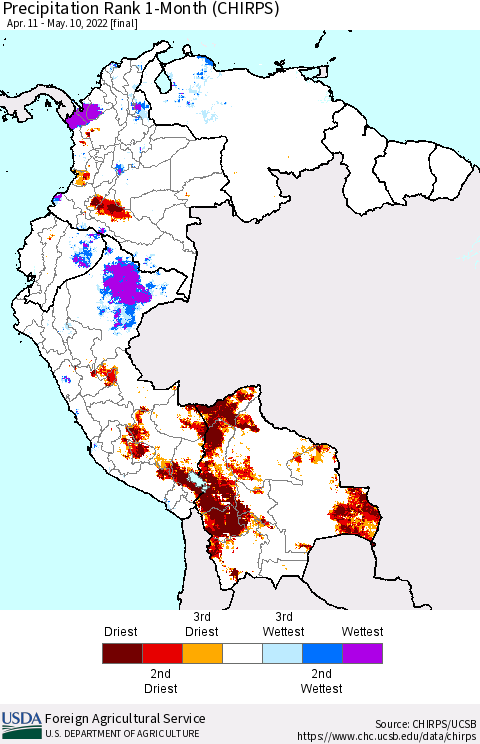 Northern South America Precipitation Rank 1-Month (CHIRPS) Thematic Map For 4/11/2022 - 5/10/2022