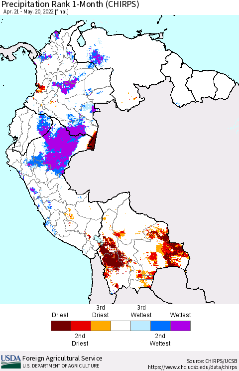 Northern South America Precipitation Rank 1-Month (CHIRPS) Thematic Map For 4/21/2022 - 5/20/2022