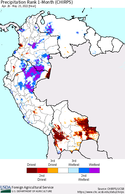 Northern South America Precipitation Rank since 1981, 1-Month (CHIRPS) Thematic Map For 4/26/2022 - 5/25/2022