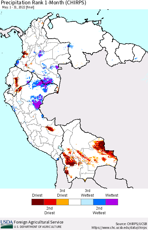 Northern South America Precipitation Rank 1-Month (CHIRPS) Thematic Map For 5/1/2022 - 5/31/2022