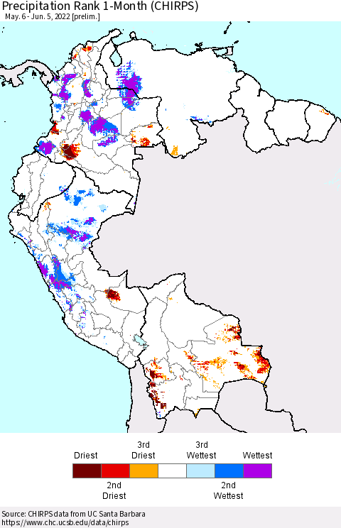 Northern South America Precipitation Rank 1-Month (CHIRPS) Thematic Map For 5/6/2022 - 6/5/2022
