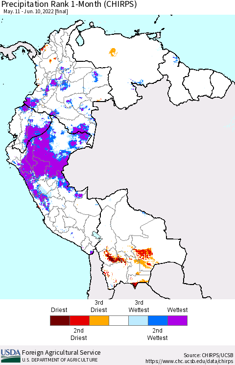 Northern South America Precipitation Rank 1-Month (CHIRPS) Thematic Map For 5/11/2022 - 6/10/2022