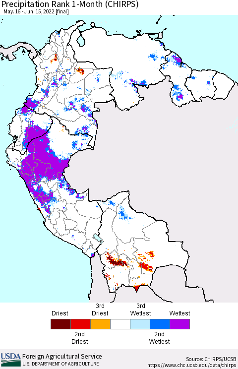 Northern South America Precipitation Rank since 1981, 1-Month (CHIRPS) Thematic Map For 5/16/2022 - 6/15/2022