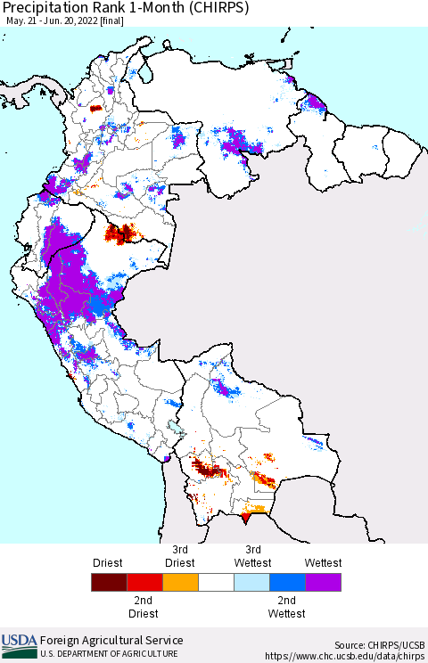 Northern South America Precipitation Rank 1-Month (CHIRPS) Thematic Map For 5/21/2022 - 6/20/2022