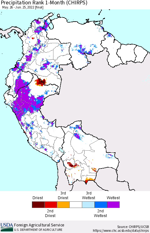 Northern South America Precipitation Rank since 1981, 1-Month (CHIRPS) Thematic Map For 5/26/2022 - 6/25/2022