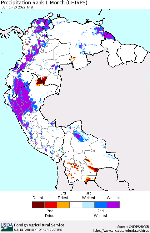 Northern South America Precipitation Rank 1-Month (CHIRPS) Thematic Map For 6/1/2022 - 6/30/2022