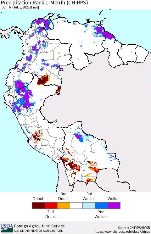 Northern South America Precipitation Rank since 1981, 1-Month (CHIRPS) Thematic Map For 6/6/2022 - 7/5/2022