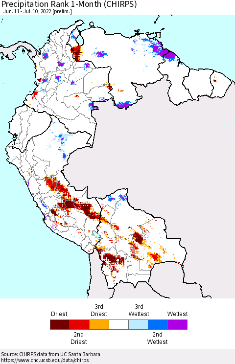 Northern South America Precipitation Rank 1-Month (CHIRPS) Thematic Map For 6/11/2022 - 7/10/2022