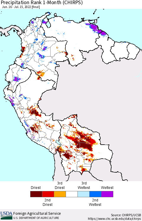 Northern South America Precipitation Rank since 1981, 1-Month (CHIRPS) Thematic Map For 6/16/2022 - 7/15/2022