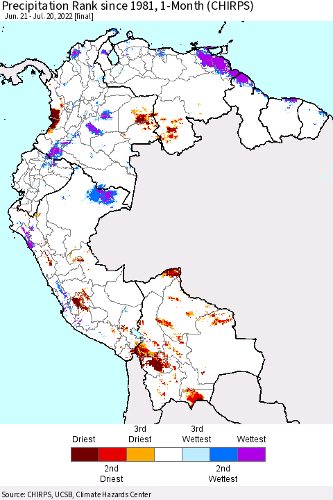 Northern South America Precipitation Rank since 1981, 1-Month (CHIRPS) Thematic Map For 6/21/2022 - 7/20/2022