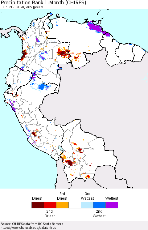 Northern South America Precipitation Rank 1-Month (CHIRPS) Thematic Map For 6/21/2022 - 7/20/2022
