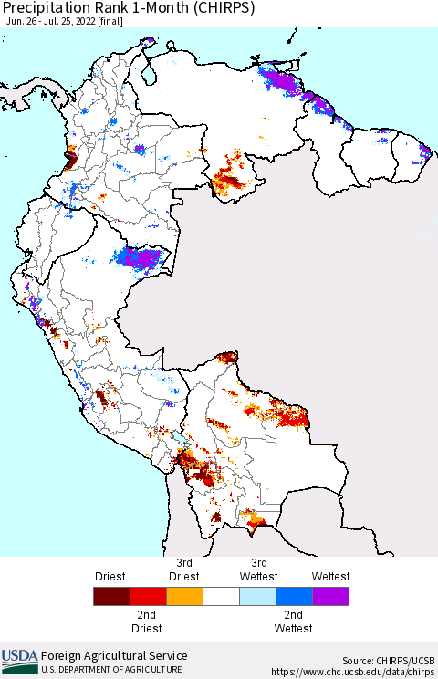 Northern South America Precipitation Rank since 1981, 1-Month (CHIRPS) Thematic Map For 6/26/2022 - 7/25/2022