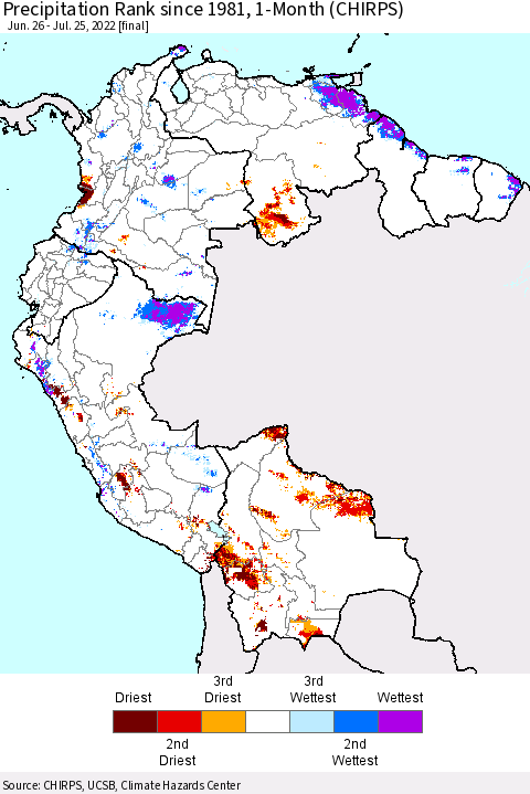 Northern South America Precipitation Rank since 1981, 1-Month (CHIRPS) Thematic Map For 6/26/2022 - 7/25/2022