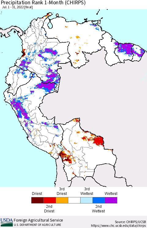 Northern South America Precipitation Rank since 1981, 1-Month (CHIRPS) Thematic Map For 7/1/2022 - 7/31/2022