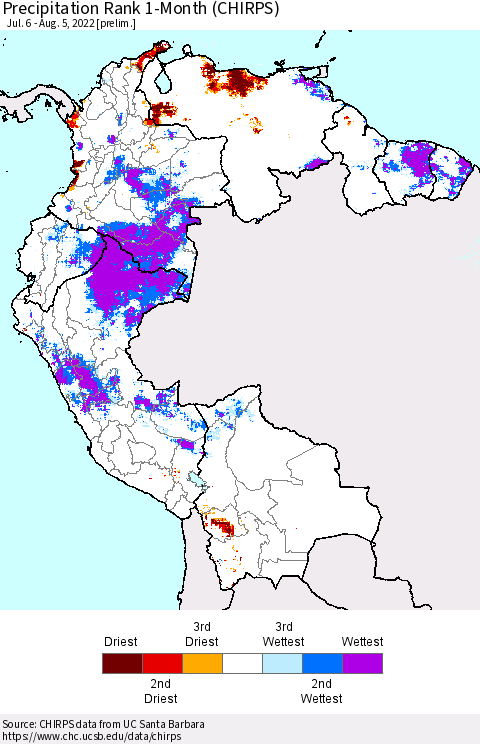 Northern South America Precipitation Rank 1-Month (CHIRPS) Thematic Map For 7/6/2022 - 8/5/2022