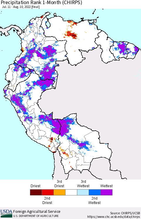 Northern South America Precipitation Rank since 1981, 1-Month (CHIRPS) Thematic Map For 7/11/2022 - 8/10/2022