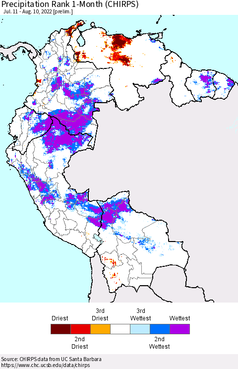 Northern South America Precipitation Rank 1-Month (CHIRPS) Thematic Map For 7/11/2022 - 8/10/2022