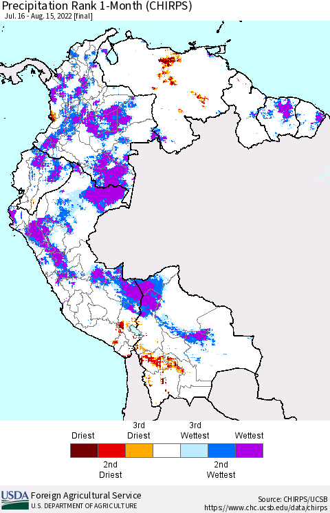 Northern South America Precipitation Rank since 1981, 1-Month (CHIRPS) Thematic Map For 7/16/2022 - 8/15/2022