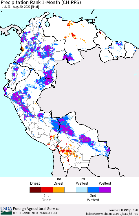 Northern South America Precipitation Rank since 1981, 1-Month (CHIRPS) Thematic Map For 7/21/2022 - 8/20/2022