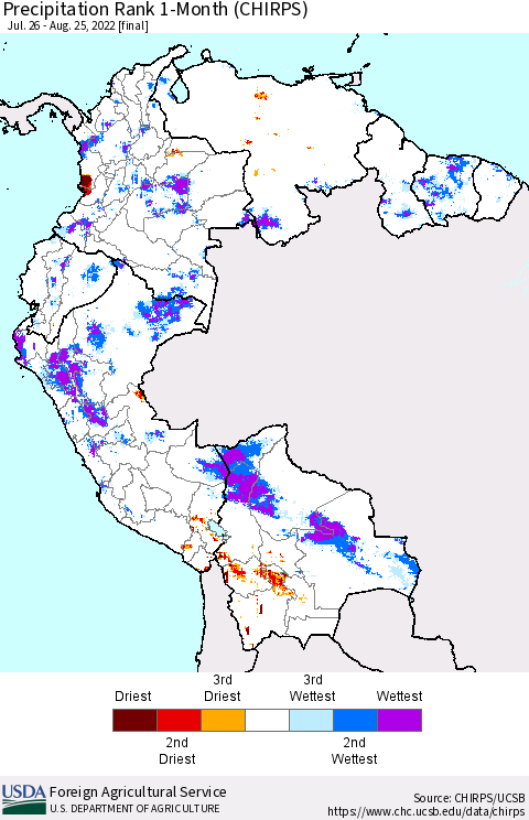 Northern South America Precipitation Rank since 1981, 1-Month (CHIRPS) Thematic Map For 7/26/2022 - 8/25/2022
