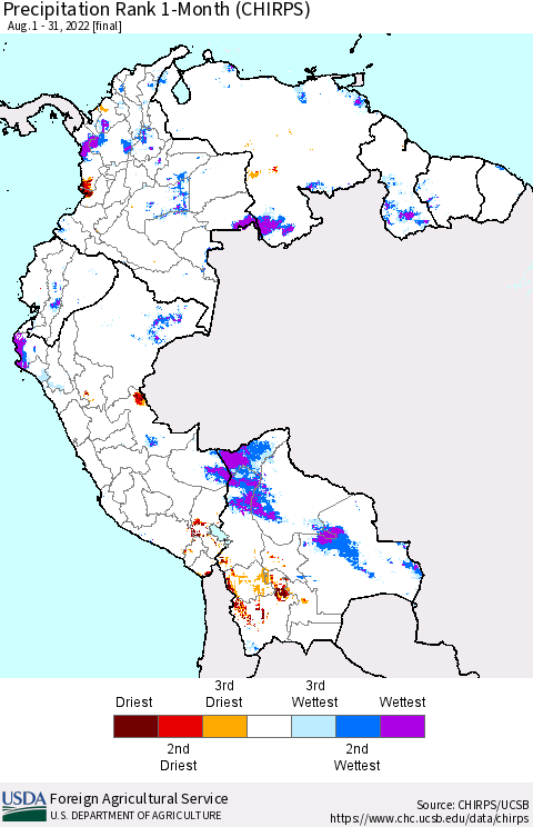 Northern South America Precipitation Rank since 1981, 1-Month (CHIRPS) Thematic Map For 8/1/2022 - 8/31/2022