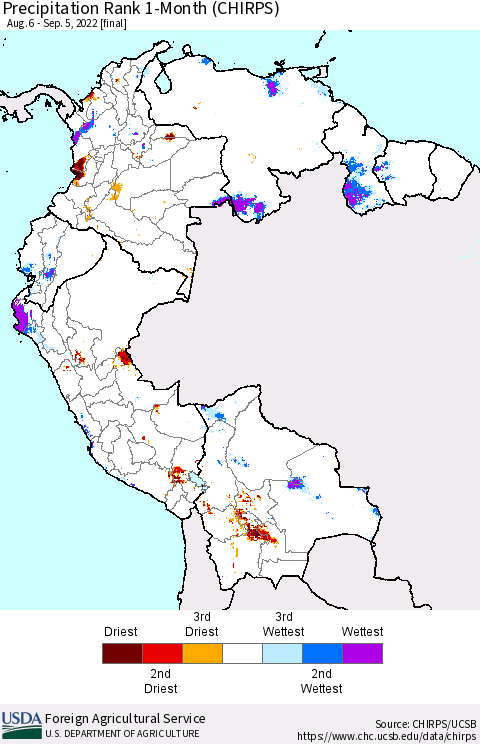 Northern South America Precipitation Rank since 1981, 1-Month (CHIRPS) Thematic Map For 8/6/2022 - 9/5/2022