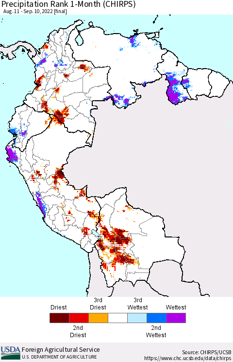 Northern South America Precipitation Rank since 1981, 1-Month (CHIRPS) Thematic Map For 8/11/2022 - 9/10/2022