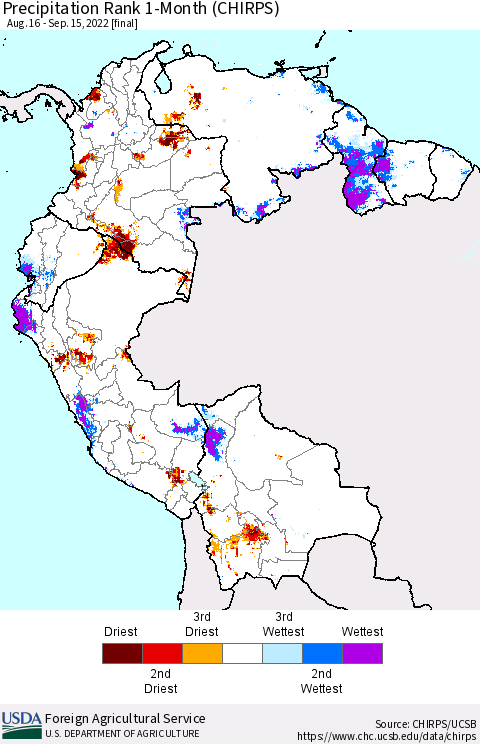 Northern South America Precipitation Rank since 1981, 1-Month (CHIRPS) Thematic Map For 8/16/2022 - 9/15/2022