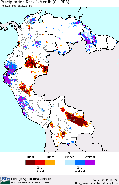 Northern South America Precipitation Rank since 1981, 1-Month (CHIRPS) Thematic Map For 8/26/2022 - 9/25/2022