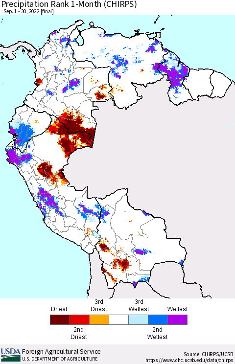 Northern South America Precipitation Rank since 1981, 1-Month (CHIRPS) Thematic Map For 9/1/2022 - 9/30/2022