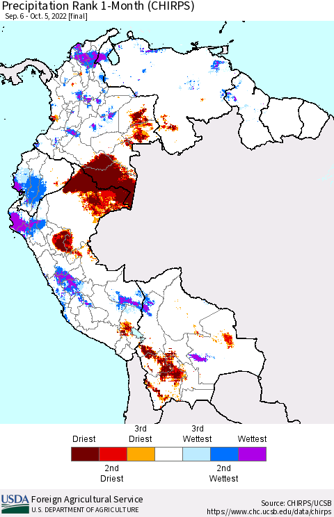Northern South America Precipitation Rank since 1981, 1-Month (CHIRPS) Thematic Map For 9/6/2022 - 10/5/2022