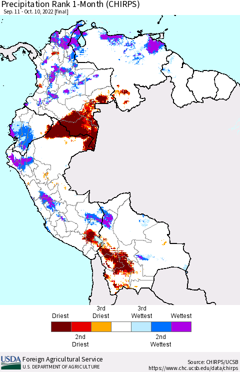 Northern South America Precipitation Rank since 1981, 1-Month (CHIRPS) Thematic Map For 9/11/2022 - 10/10/2022