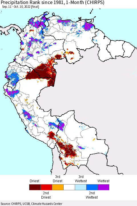 Northern South America Precipitation Rank since 1981, 1-Month (CHIRPS) Thematic Map For 9/11/2022 - 10/10/2022