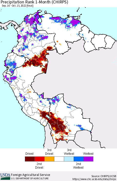 Northern South America Precipitation Rank since 1981, 1-Month (CHIRPS) Thematic Map For 9/16/2022 - 10/15/2022